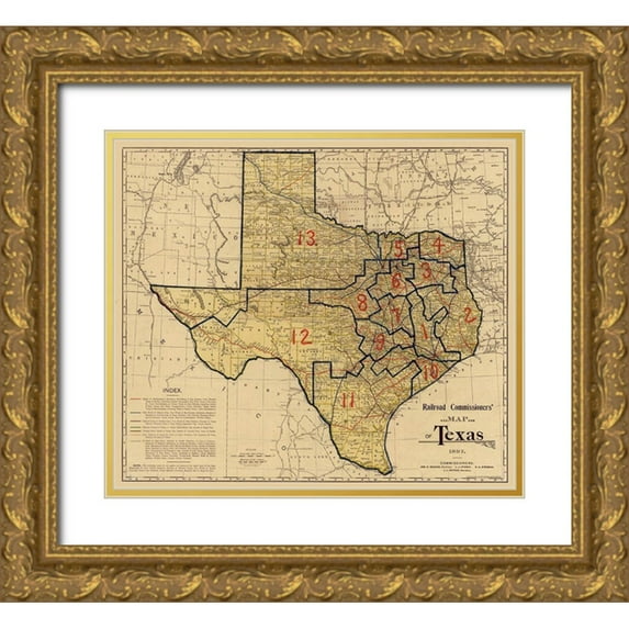 Unknown 17x15 Gold Ornate Wood Framed with Double Matting Museum Art Print Titled - Railroad Commissioners Map of Texas -1897