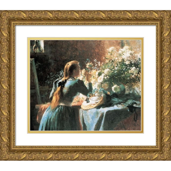 Unknown 17x15 Gold Ornate Wood Framed with Double Matting Museum Art Print Titled - Smell the Flowers