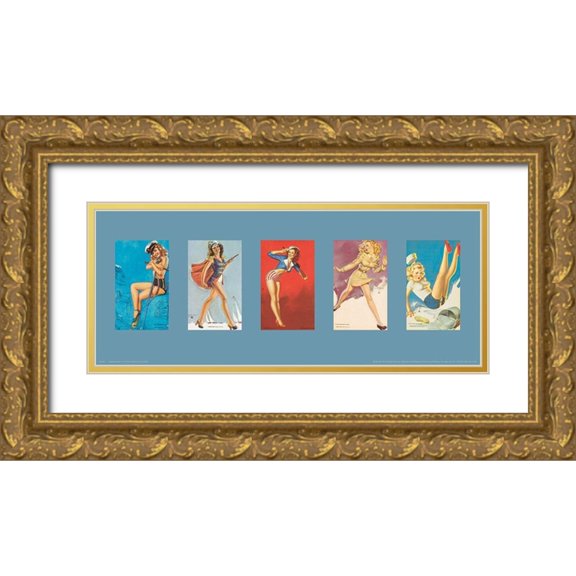 Unknown 18x10 Gold Ornate Wood Framed with Double Matting Museum Art Print Titled - Pin Up Girls Panel II