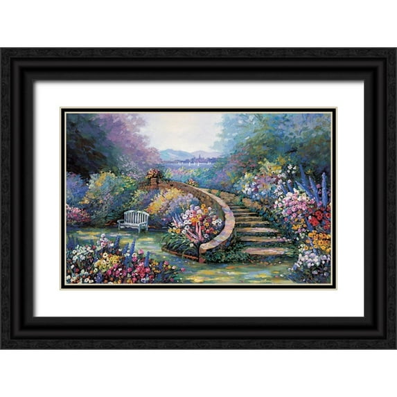 Unknown 18x13 Black Ornate Wood Framed with Double Matting Museum Art Print Titled - Garden View II
