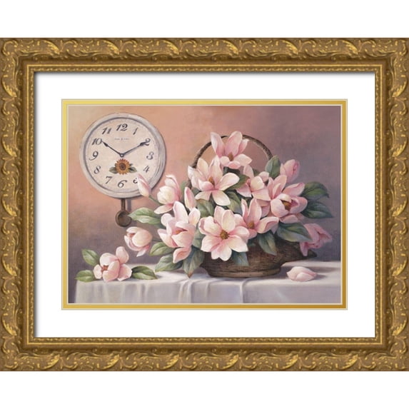 Unknown 18x14 Gold Ornate Wood Framed with Double Matting Museum Art Print Titled - Magnolias and Clock