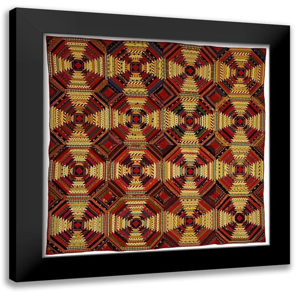 Unknown 19th Century American Needleworker 12x12 Black Modern Framed Museum Art Print Titled - Quilt, Log Cabin Pattern, Pineapple variation