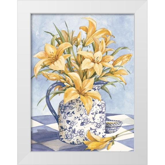 Unknown 19x24 White Modern Wood Framed Museum Art Print Titled - Yellow Orchids and Blue Vase I
