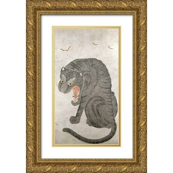 Unknown 19x32 Gold Ornate Wood Framed with Double Matting Museum Art Print Titled - Tiger and Bats