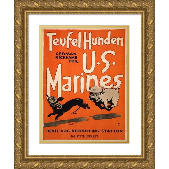 Unknown 20th Century American Artist 15x18 Gold Ornate Wood Framed with Double Matting Museum Art Print Titled - Teufel Hunden, German Nickname for U.S. Marines, 1917