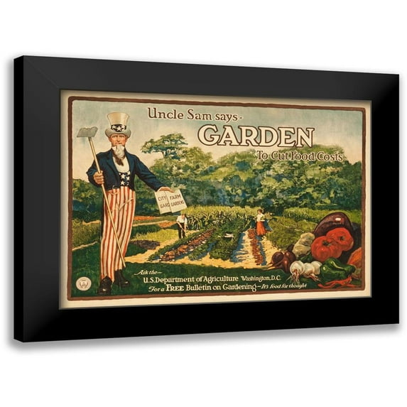 Unknown 20th Century American Artist 24x18 Black Modern Framed Museum Art Print Titled - Uncle Sam says - garden to cut food costs, 1917