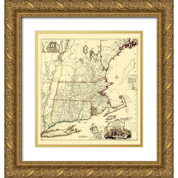 Unknown 20x21 Gold Ornate Wood Framed with Double Matting Museum Art Print Titled - Massachusetts, New Hampshire, Connecticut, RI