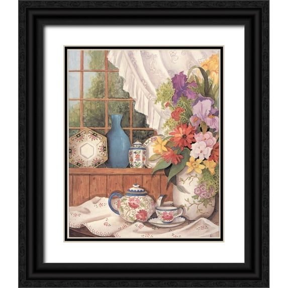 Unknown 20x24 Black Ornate Wood Framed with Double Matting Museum Art Print Titled - Flowers by the Window