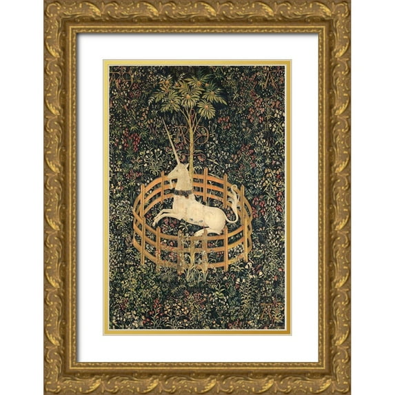 Unknown 23x32 Gold Ornate Wood Framed with Double Matting Museum Art Print Titled - The Unicorn in Captivity