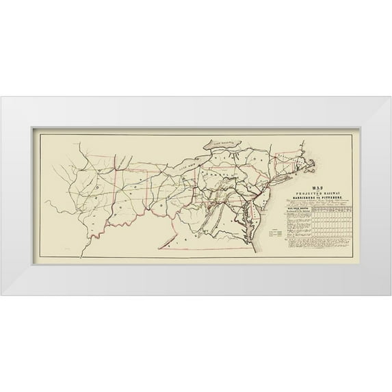Unknown 24x12 White Modern Wood Framed Museum Art Print Titled - Harrisburg to Pittsburg Projected Railway - 1840