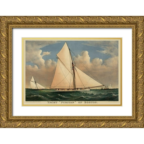 Unknown 24x17 Gold Ornate Wood Framed with Double Matting Museum Art Print Titled - Yacht Puritan of Boston, 1885