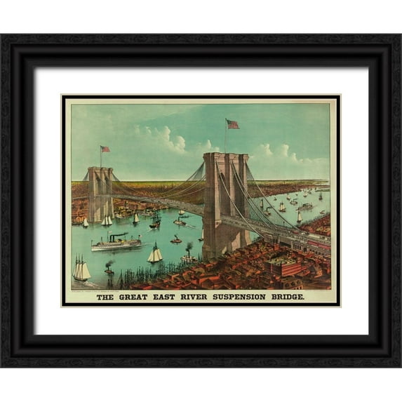 Unknown 24x19 Black Ornate Wood Framed with Double Matting Museum Art Print Titled - Brooklyn Bridge