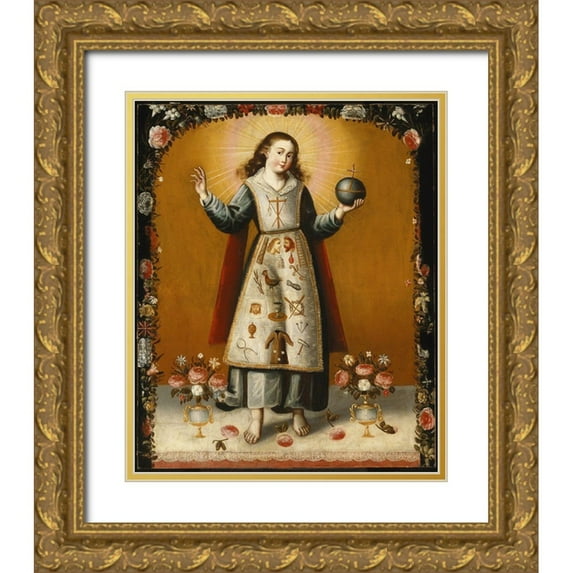 Unknown 26x31 Gold Ornate Wood Framed with Double Matting Museum Art Print Titled - Christ Child with Passion Symbols