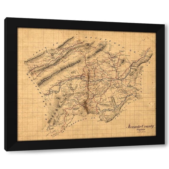Unknown 31x26 Black Modern Wood Framed Wall Art Titled - Roanoke County Virginia 1860