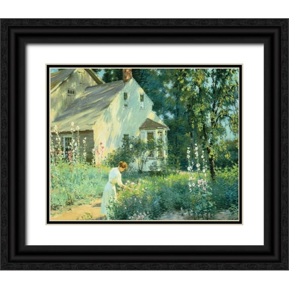 Unknown 31x26 Black Ornate Wood Framed with Double Matting Museum Art Print Titled - Picking Flowers
