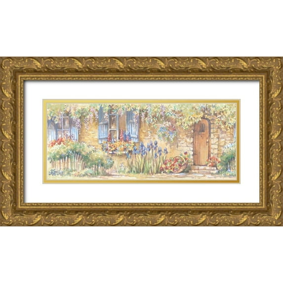 Unknown 32x15 Gold Ornate Wood Framed with Double Matting Museum Art Print Titled - Cottage Flowers Panel II