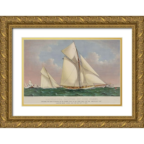 Unknown 32x23 Gold Ornate Wood Framed with Double Matting Museum Art Print Titled - Americas Cup Yacht Race 1886, 1886