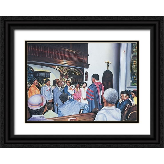 Unknown 32x24 Black Ornate Wood Framed with Double Matting Museum Art Print Titled - Black Baptism