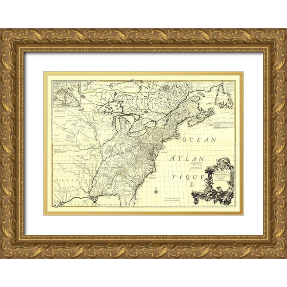 Unknown 32x24 Gold Ornate Wood Framed with Double Matting Museum Art Print Titled - America with French English Establishments - 1756