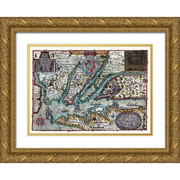 Unknown 32x24 Gold Ornate Wood Framed with Double Matting Museum Art Print Titled - Virginia - 1636