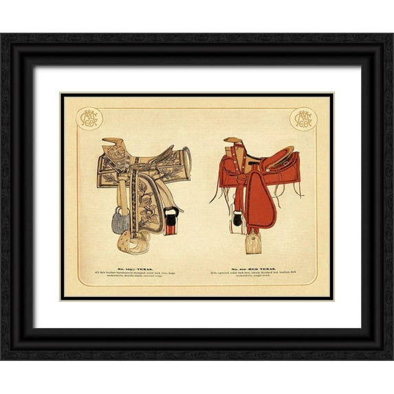 Unknown 32x25 Black Ornate Wood Framed with Double Matting Museum Art Print Titled - Saddles and Tack: Texas and Red Texas Saddles