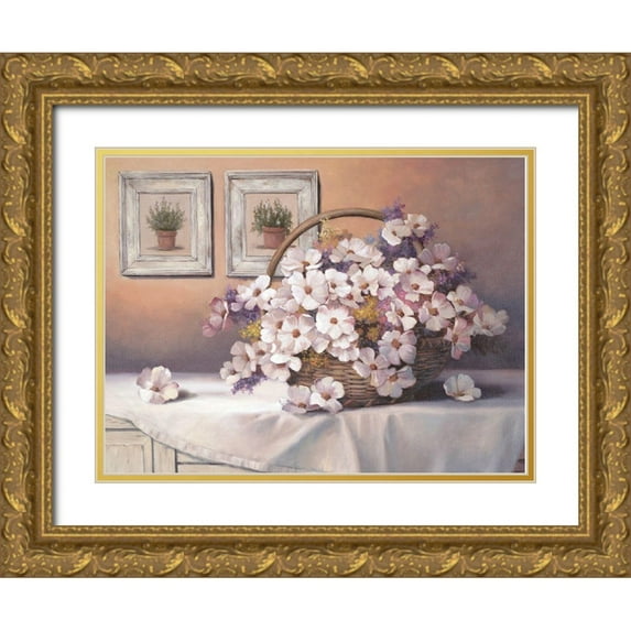 Unknown 32x25 Gold Ornate Wood Framed with Double Matting Museum Art Print Titled - Daisies and Basket
