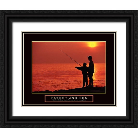 Unknown 32x26 Black Ornate Wood Framed with Double Matting Museum Art Print Titled - Father and Son Fishing