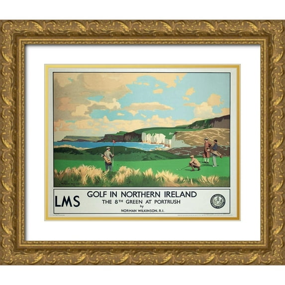 Unknown 32x26 Gold Ornate Wood Framed with Double Matting Museum Art Print Titled - Golf - Northern Island