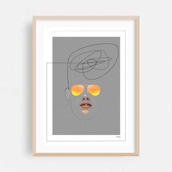 Unknown Man Portrait with Sunglasses - Digital Art Modern Art Line Art Minimalist Portrait Abstract Geometric Fashion Oak Framed Wall Art Print 5 x 7 inches