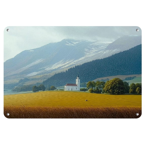 Unknown Northwest Territory and Finland Map - 8x12 Inch Auminum Wall Art, Serene Landscape with Mountains and Church, Perfect for Room Decor, Rustic Decor