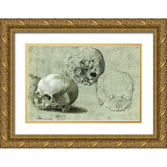 Unknown Southern German 24x17 Gold Ornate Wood Framed with Double Matting Museum Art Print Titled - Study of Three Skulls