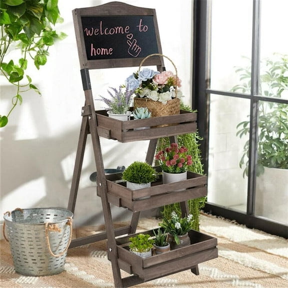 Unknown1 3-Tiered Free Standing Chalkboard Wood Plant Stand Brown Rustic Rectangular Handmade