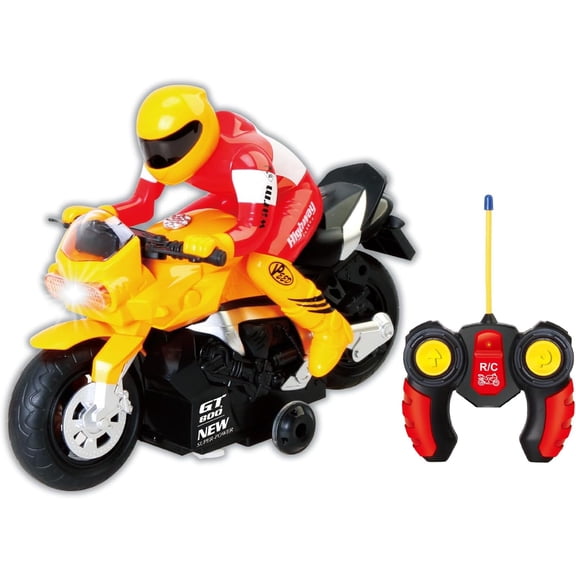 Unleash The Ultimate Racing Thrill | 360 Degree Rotate Spinning RC Race Motorcycle | Remote Control Race Biker with Dazzling Light and Sound Effect for Kids (Yellow)