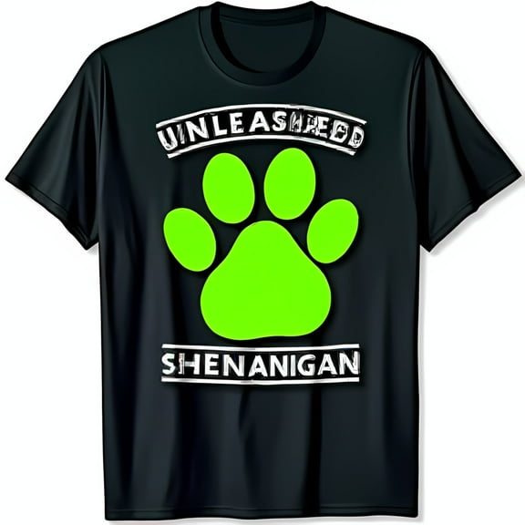 Unleashed Shenanigan Black T-Shirt with Green Print Graphic Fun Pet Lover Tee