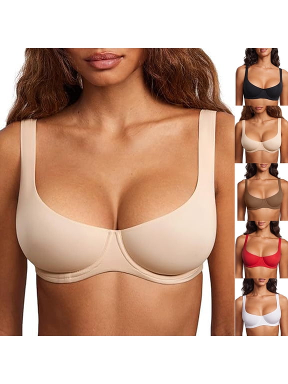 Unlined Square Neck Bra for Women Wide Strap Demi Balconette Bras Underwire Supportive Plus Size Smooth Scoop Bralette Complexion 38E