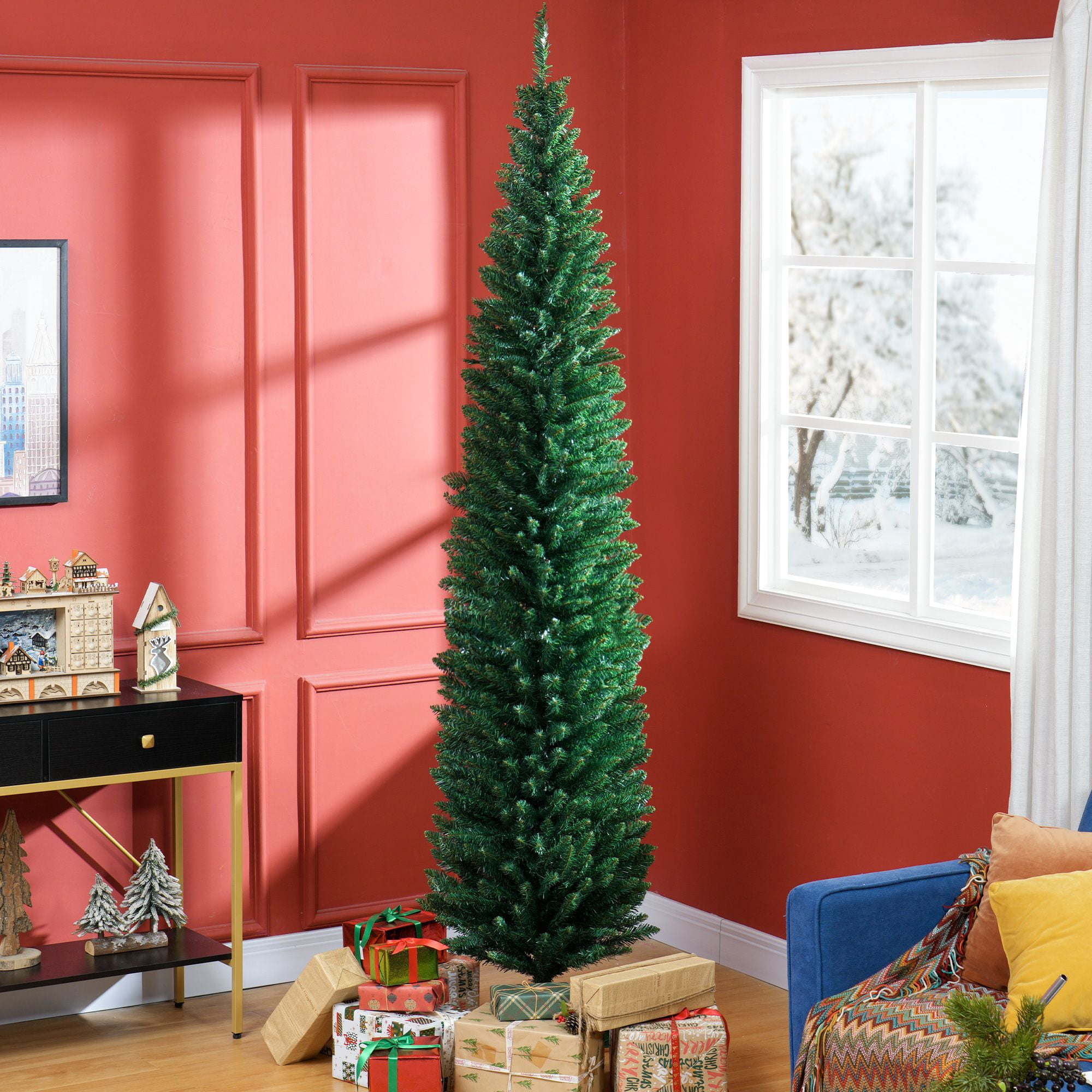Unlit Pencil Artificial Christmas Tree, 8 ft Slim Tree with 618 Tips and Plastic Base, Space-Saving Holiday Decor for Small Rooms and Apartments