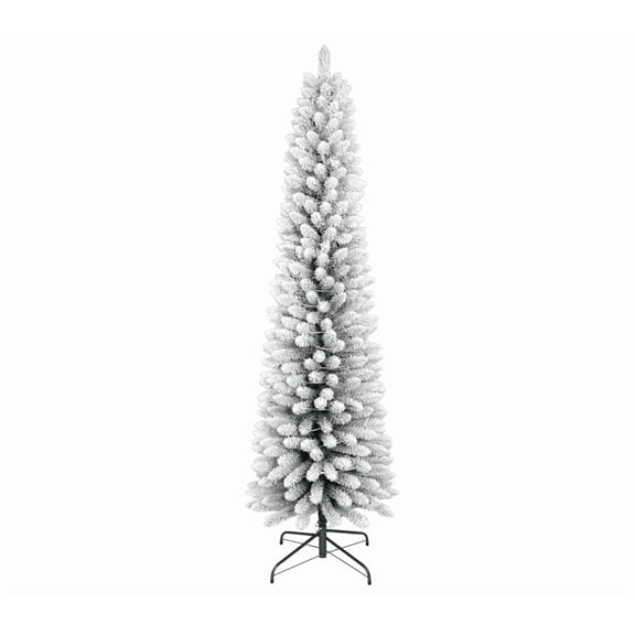 Unlit Slim Snow Flocked Artificial Pine Christmas Tree, Narrow Hinged Frosted Evergreen Tree with Metal Stand for Small Corner Indoor Winter Holiday Decor,6FT