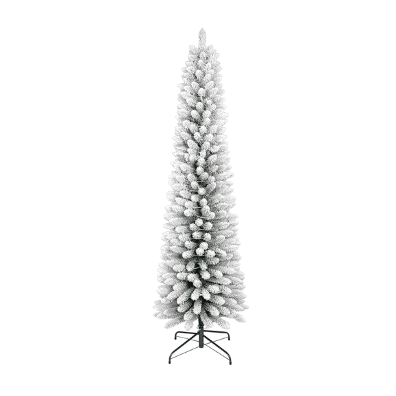 Unlit Slim Snow Flocked Artificial Pine Christmas Tree, Narrow Hinged Frosted Evergreen Tree with Metal Stand for Small Corner Indoor Winter Holiday Decor,6FT