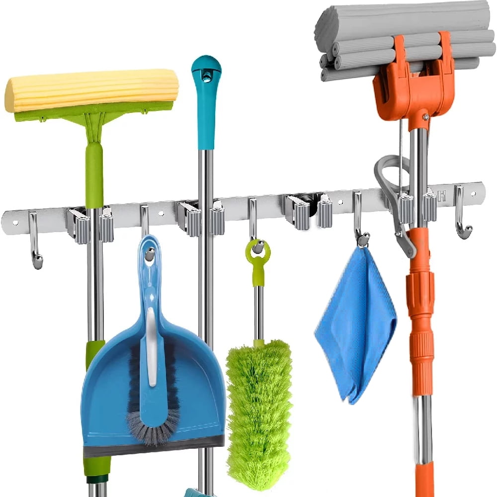 Unlock the future Mop and Broom Rack Wall Mounted Metal Storage Rack Tool for Kitchen Closet Garage Garden Broom Organizer Wall Mounted 4 Card Slots 5 Hooks Silver