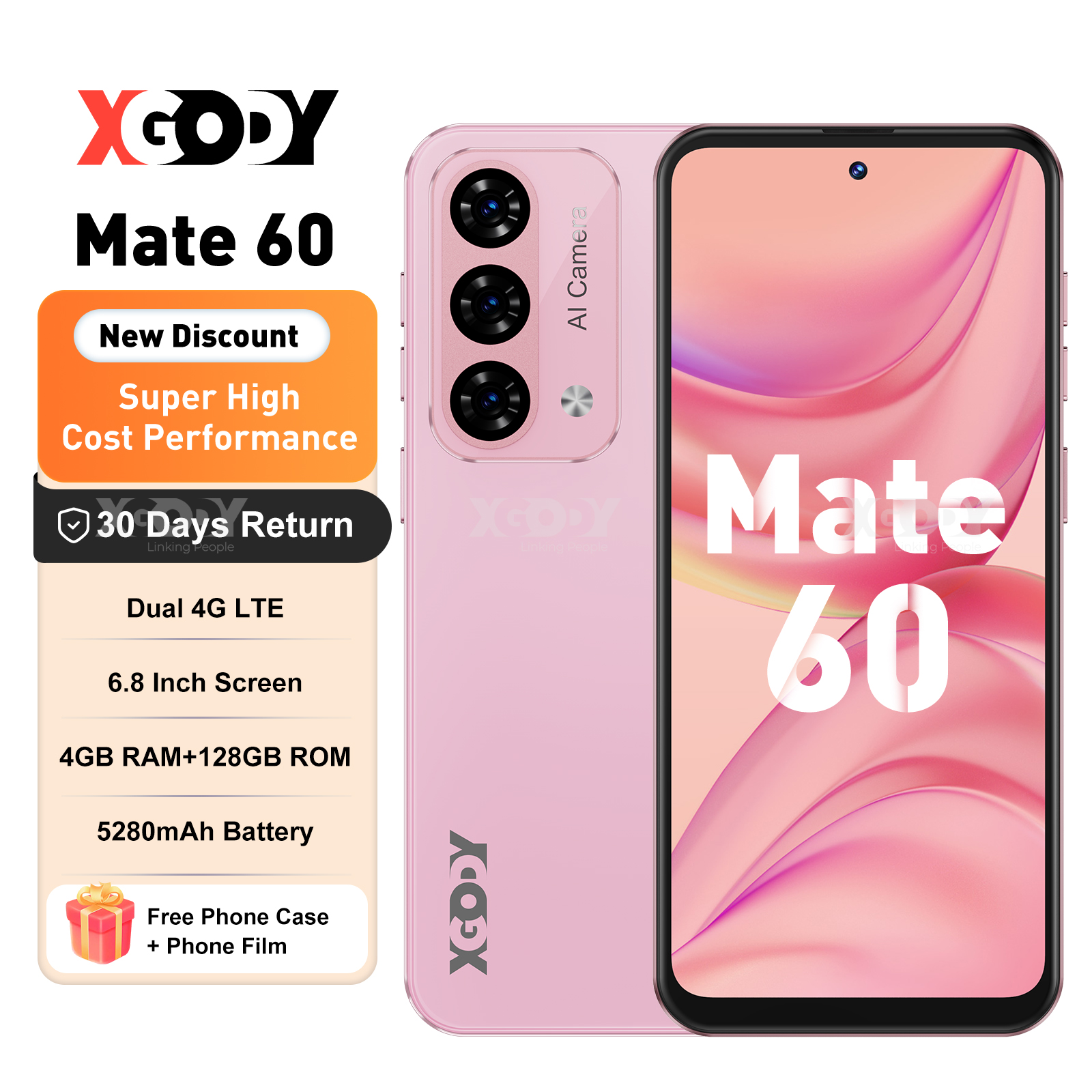 XGODY Mate 60 Unlocked Cell Phone,5280mAh 128GB Android Phone, 6.79" Incell Screen Smartphones, Mobile Phone,Pink