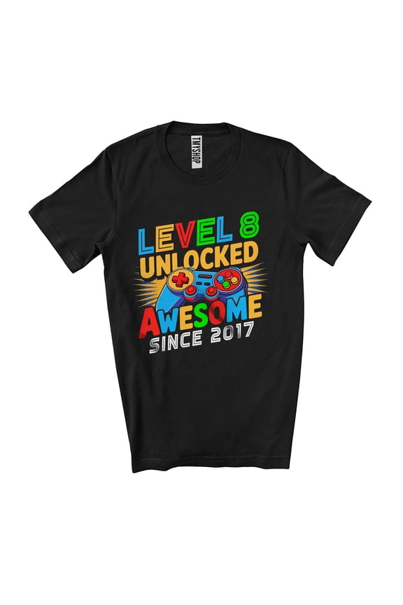 Unlocked Level 8 Awesome Since 2017; Colorful 8th Birthday Game Controller; Gamer Gaming Unisex T-Shirt