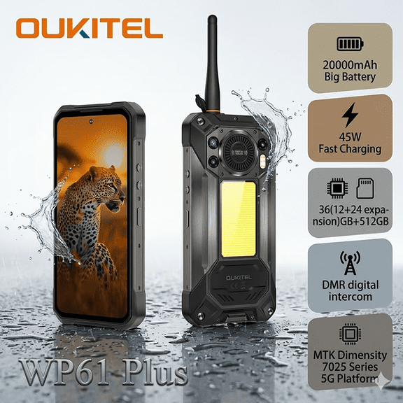 Unlocked Rugged Phone MTK Dimensity 7025 5G Platform DMR Digital Intercom Suitable for frequency bands of 400MHZ-480MHz OUKITEL WP61 Plus 20000mAh Battery IP68 Waterproof Cell Phone
