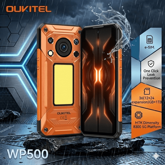 Unlocked Rugged Phone MTK Dimensity 8300 5G Platform e-SIM One Click Leak Prevention OUKITEL WP500 36GB(12+24expansion)+1TB IP68 Waterproof Cell Phone