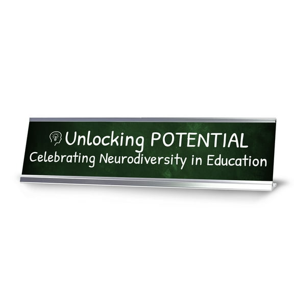Unlocking Potential, Celebrating Neurodiversity in Education Silver Frame Desk Sign (2x8") | Classroom Special Needs Support