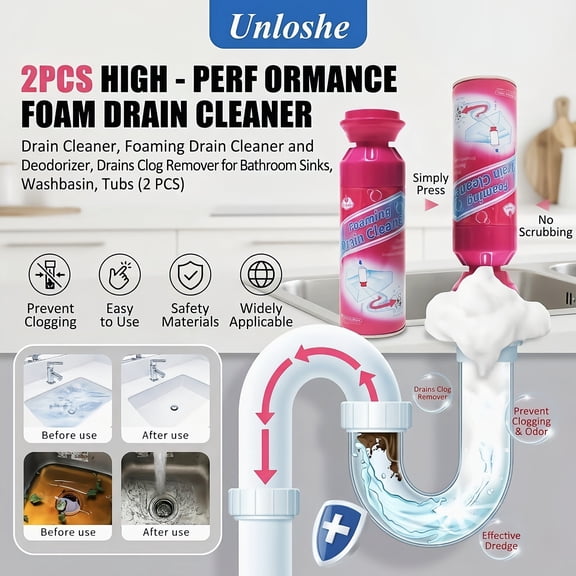 Unloshe Foaming Drain Cleaner 2PCS - Powerful Foam Drain Clog Remover for Sink, Shower, Bathtub, Kitchen - Fast Acting Foaming Drain Cleaner for Hair, Grease, Odor - Safe on Pipes