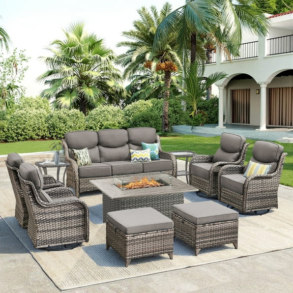 Unnifurnzi 10 Pieces Patio Furniture with Fire Pit-Outdoor Swivel Chairs Set of 4 with 6 Inch Thick Cushions Outdoor Couch with Outdoor Ottoman Patio Furniture for Deck Porch Poolside-Gray/Gray