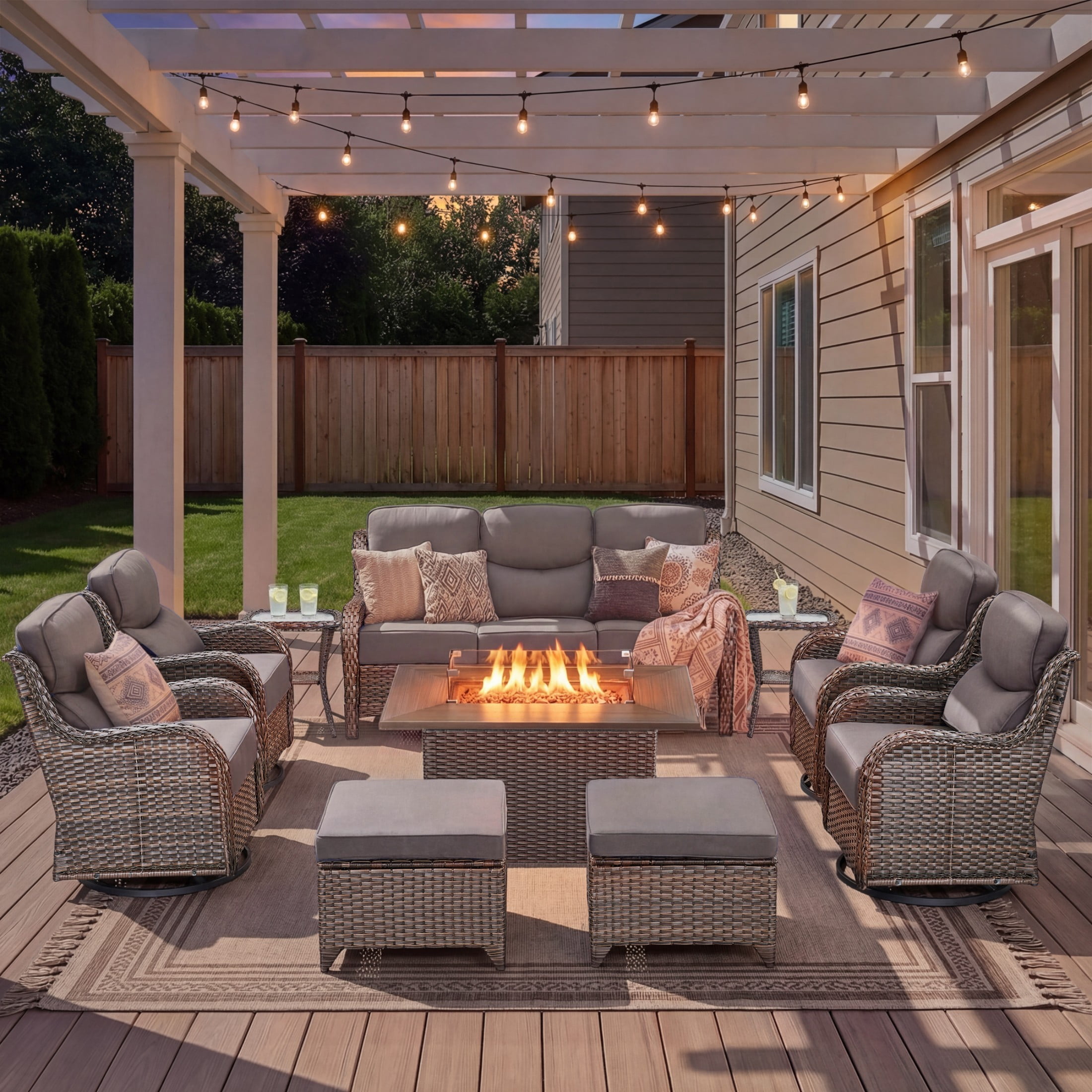 Unnifurnzi 10 Pieces Patio Furniture with Fire Pit-Outdoor Swivel Chairs Set of 4 with 6 Inch Thick Cushions Outdoor Couch with Outdoor Ottoman Patio Furniture for Deck Porch Poolside-Brown/Gray