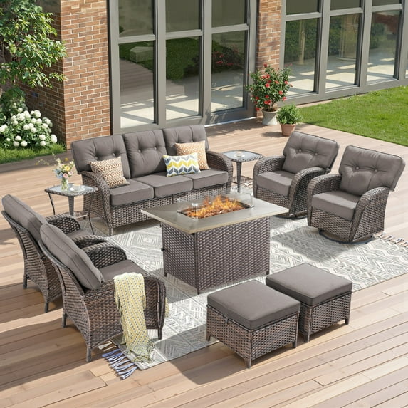 Unnifurnzi 10 Pieces Patio Furniture With Fire Pit Table-Outdoor Couch With Outdoor Swivel Rocking Chairs Wicker Coversation Set For Deck Porch Garden Balcony Poolside-Brown/Gray