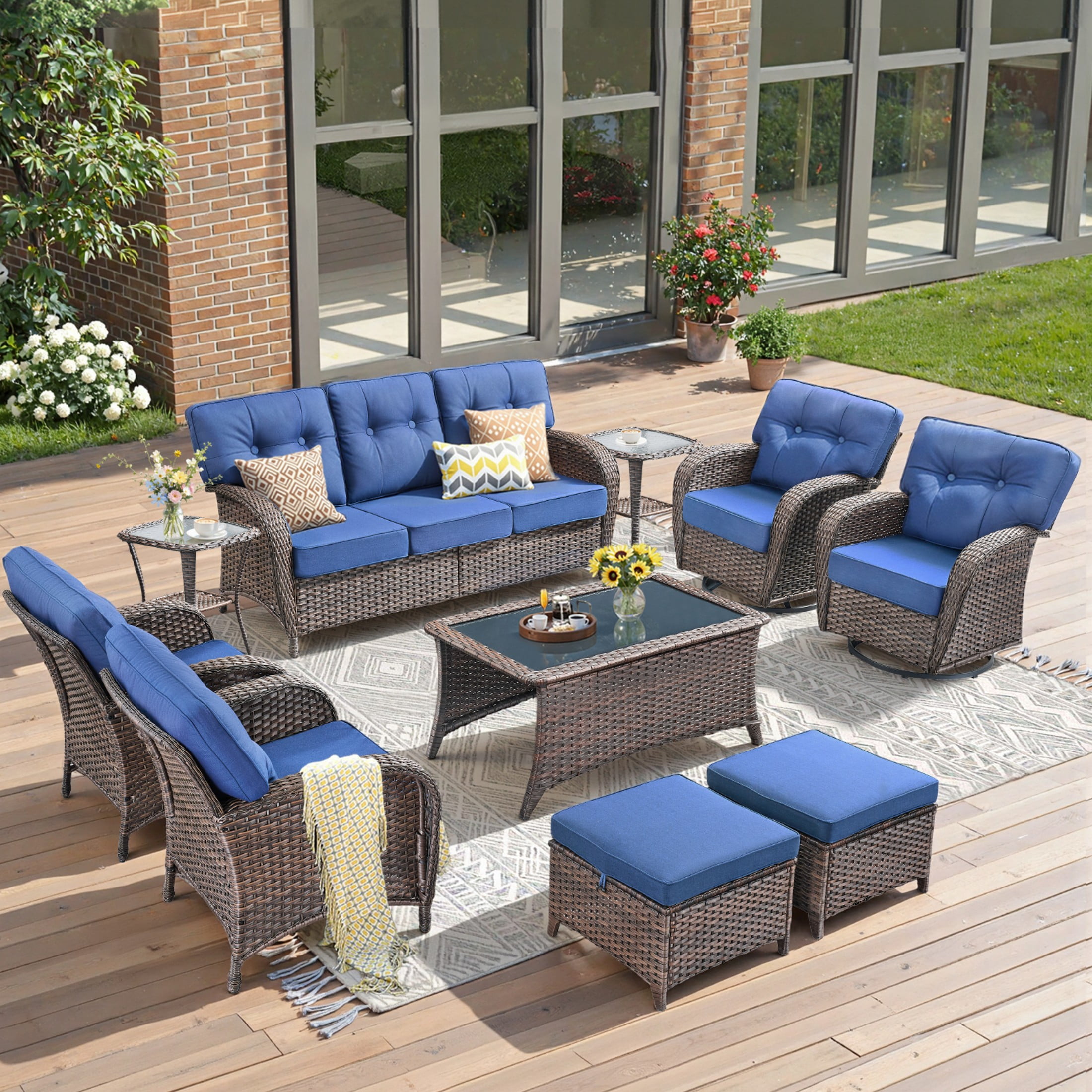Unnifurnzi 10 Pieces Patio Furniture-Outdoor Patio Couch with Outdoor Swivel Rocking Chair Deep Seat Rattan Conversation Set for Deck Porch Garden Balcony Poolside-Brown/Blue