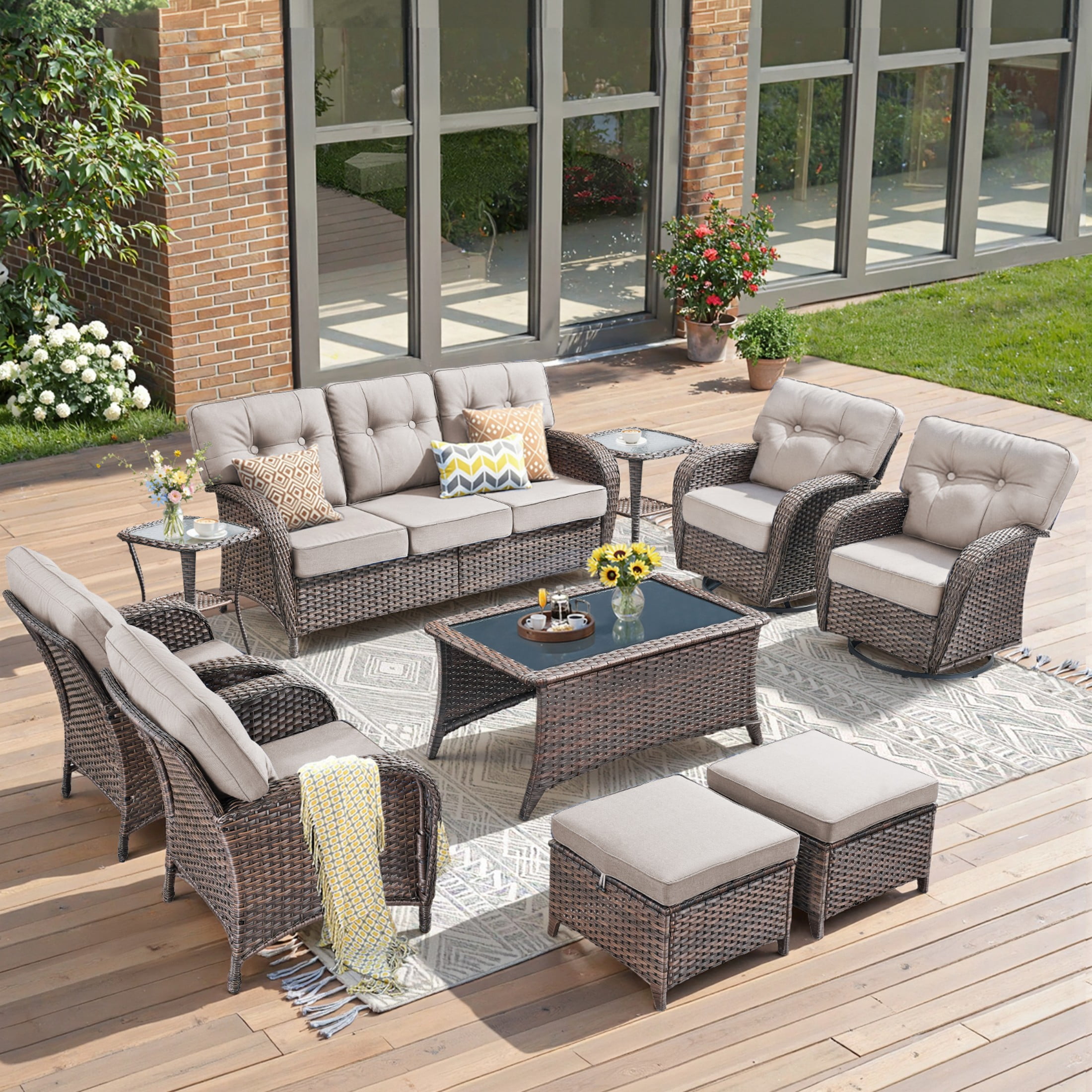 Unnifurnzi 10 Pieces Patio Furniture-Outdoor Patio Couch with Outdoor Swivel Rocking Chair Deep Seat Rattan Conversation Set for Deck Porch Garden Balcony Poolside-Brown/Beige